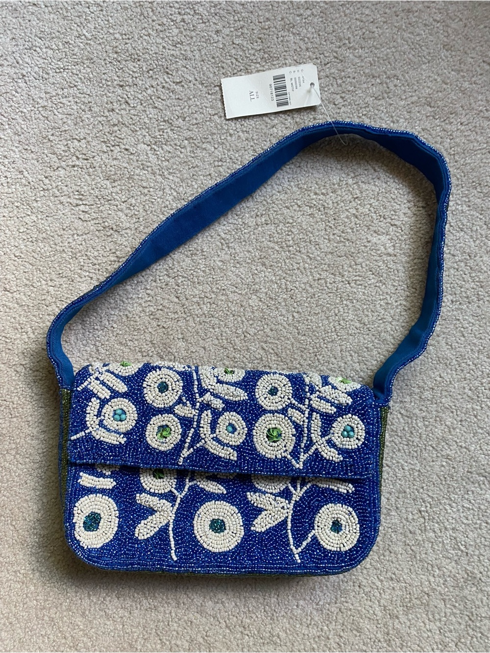 Maeve Beaded Floral Shoulder Bag - Blue & White with Green Accents